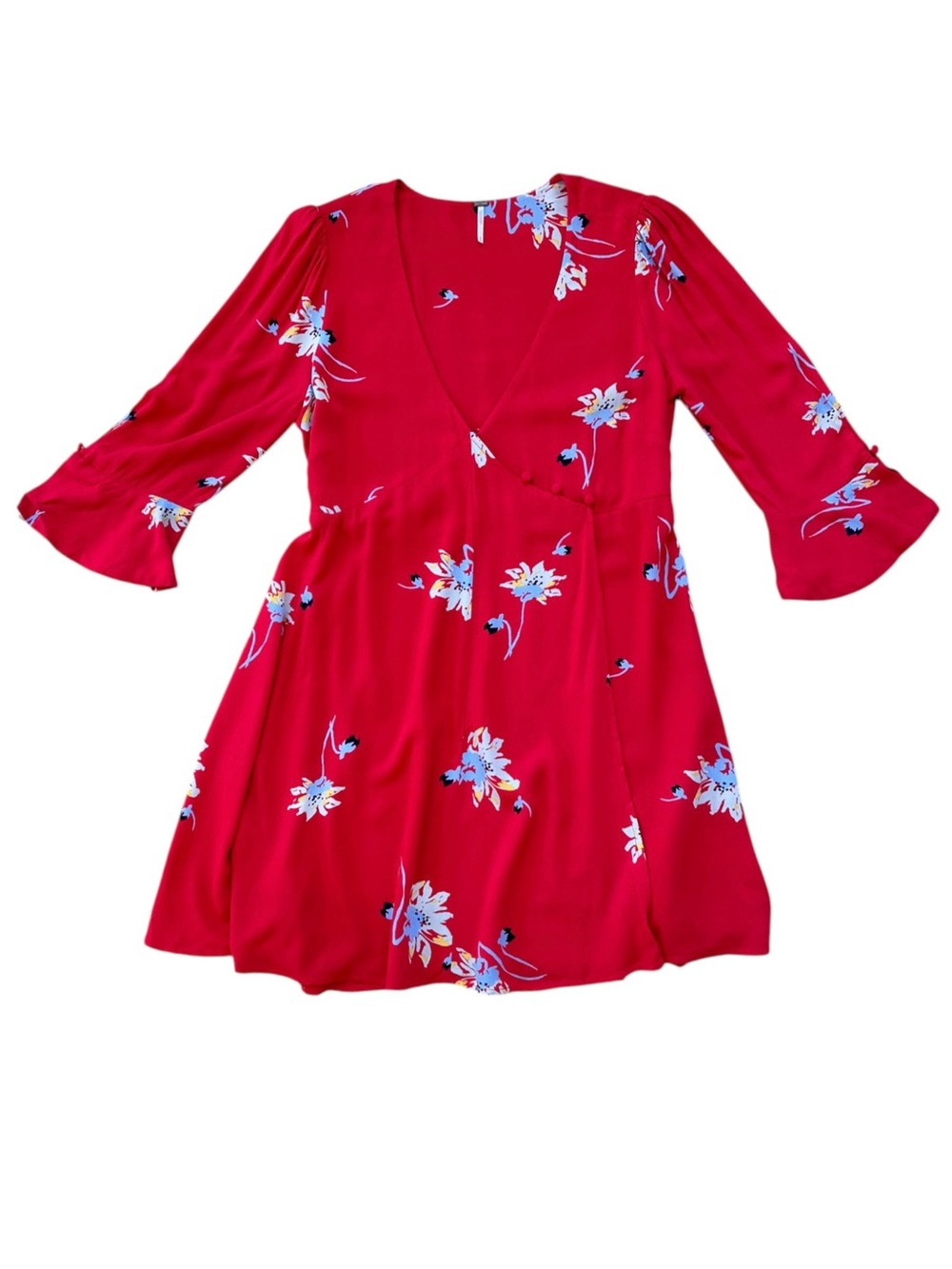 Free People Red Floral V Neck Wrap Mini Dress